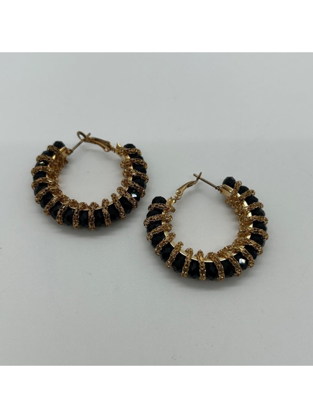 Black Crystal Hoop Pierced Earrings Gold-tone Bead Statement French Clips